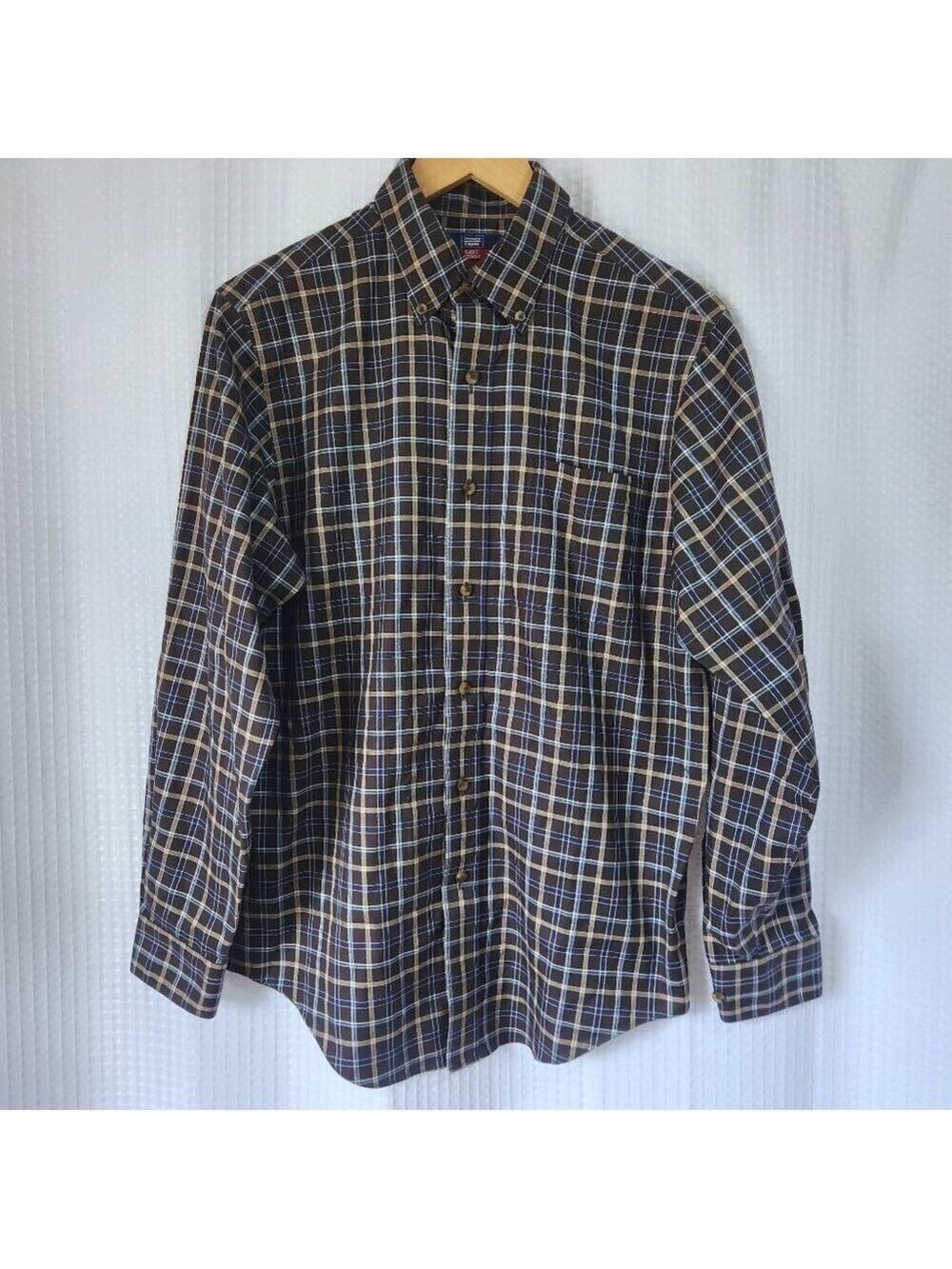 Denver Hayes Plaid Shirt Men’s Small Brown Blue Long Sleeve Button Down Cotton